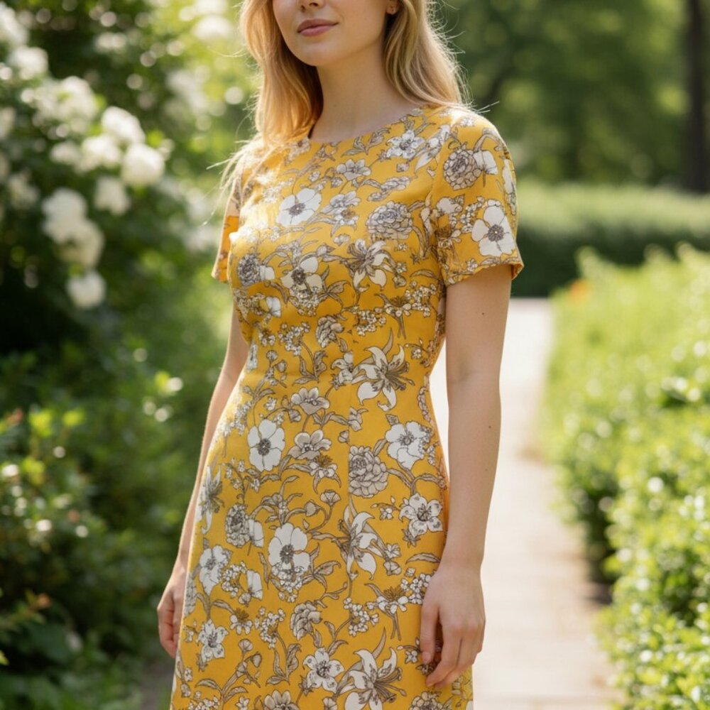 Hollister XS Yellow Floral A-Line Mini Dress V-Neck Short Sleeve Zip Casual